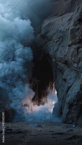 Cavernous opening shrouded in thick, ethereal mist