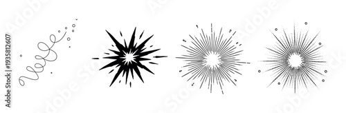 Set of hand-drawn black doodle elements featuring starbursts, fireworks, and confetti swirls for celebration design, presented in a minimalist, graphic line art style