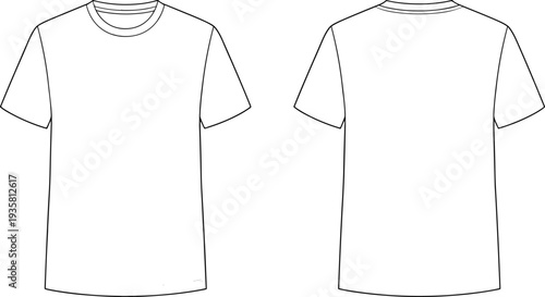 Black outline vector illustration of two blank white t-shirts, front and back view, short-sleeved crew neck design, perfect for apparel mockups, fashion templates, and custom printing projects.