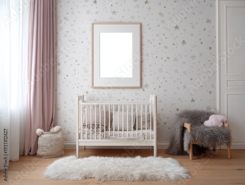 Soft pink curtain frames a bright window. White crib sits center, ready for a baby. Star-patterned wallpaper adds gentle charm. Wooden-framed blank art hangs above the crib