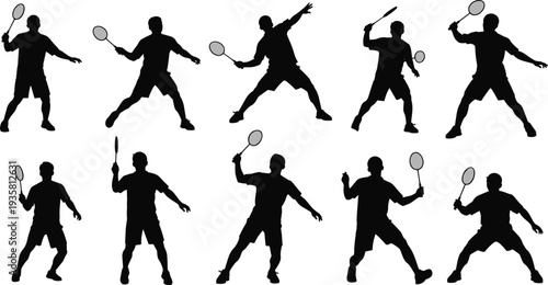 Badminton Player Silhouette Set of Men Playing Racket Sport in Different Action Poses Isolated Vector Illustration Collection