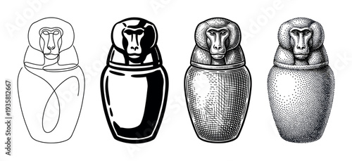 Four ancient Egyptian canopic jars with baboon head lids are displayed in a set of different artistic styles, from continuous line art to engraving and stippling