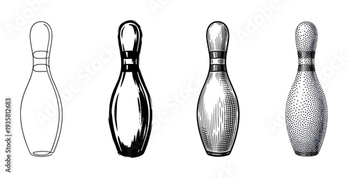 Four black and white bowling pin illustrations showcasing different artistic styles like line art, brushstroke, engraving, and stippling in a creative collection of sport equipment