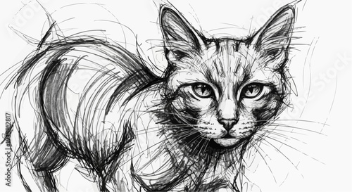 A sketchy illustration of a cat with a detailed face and body