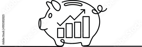 A continuous line drawing of a piggy bank shows financial growth with an upward trending graph