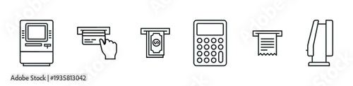Set of black line art icons representing banking and financial transactions including an ATM, credit card payment, cash withdrawal, calculator, receipt, and POS terminal