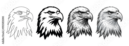 Four eagle head illustrations in different artistic styles showing a progression from simple line art to complex stippling, including graphic stencil and detailed engraving