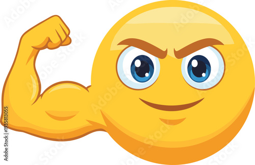 Cartoon-style yellow emoji face with confident smirk and muscular arm flex, symbolizing strength, determination, empowerment, resilience, confidence, and digital communication expression design.