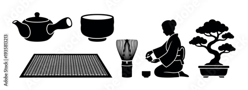 Collection of black silhouette icons representing a traditional Japanese tea ceremony with a woman in a kimono, teapot, chasen whisk, chawan bowl, tatami mat, and bonsai tree