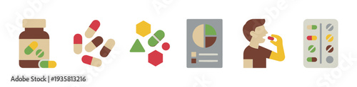 Set of six medical icons showing a pill bottle, various capsules, tablets, a health chart, a person taking medication, and a blister pack in a flat design style