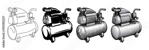 Four black and white air compressor illustrations showing various graphic techniques like one-line drawing, high contrast stencil, classic hatching, and detailed stippling