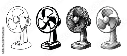 Collection of vintage electric fan illustrations in four distinct black and white styles, featuring a simple contour, a rough sketch, a detailed engraving, and a retro halftone