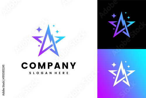 Modern gradient star symbol logo vector design featuring a stylized mountain peak and dynamic lightning bolt for innovative brand identity, versatile graphic template