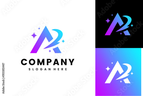 Modern vibrant letter A logo with dynamic gradient colors and sparkling star elements, ideal for creative businesses and innovative technology brands seeking a memorable visual identity