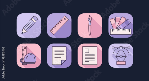 Graphic design icons set on dark background