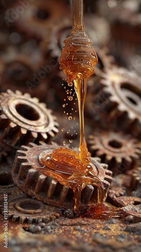 Viscous amber liquid drips onto weathered metal gears