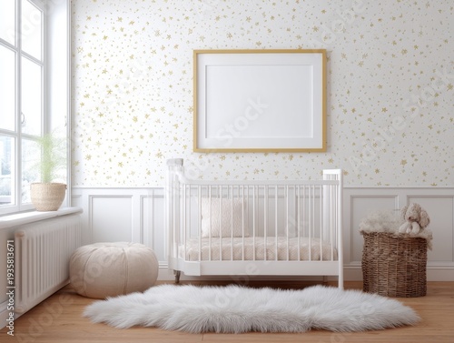 Cozy nursery with white crib and gold-dotted wallpaper. Soft rug lies before the crib on wooden floor. White frame hangs above the crib, offering space to display art