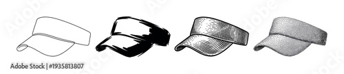 Set of four black sun visor illustrations in different artistic styles, including line art, silhouette, engraving, and stippling, showing a classic sports headwear accessory