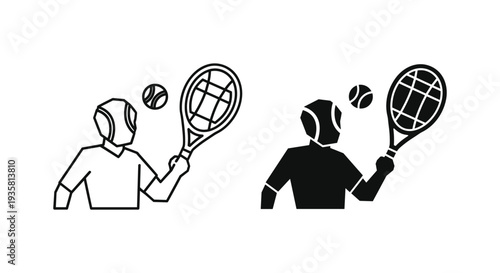 Active man and woman with social media icons and a bright idea share a fun tennis sport game illustration featuring a racket, ball, and cartoon athletes in a competitive vector activity