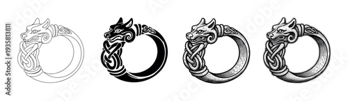 Four ancient Norse style rings with a wolf head and intricate Celtic knotwork are presented in a collection of different artistic styles like line art, silhouette, and engraving