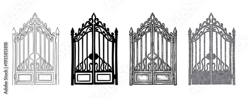 Set of four ornate wrought iron gates illustrated in various artistic styles including line art, silhouette, detailed engraving, and stippling