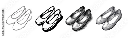 Four pairs of women's ballet flat shoes illustrated in a collection of black and white graphic techniques like outline, silhouette, classic hatching, and pointillism dotwork