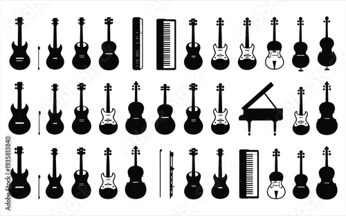 Collection of Acoustic Guitars Pianos and Keyboards Silhouette Icons