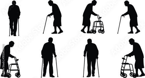 Elderly People Silhouette Set of Senior Men and Women Walking With Cane and Walker Isolated Vector Illustration Collection