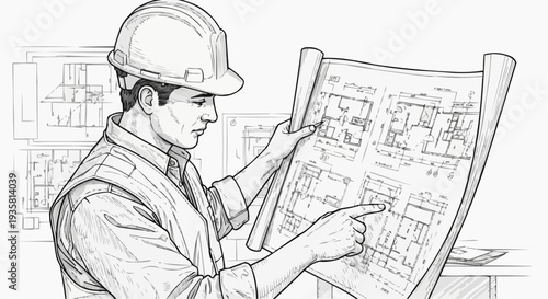 A construction worker in a hard hat examines a large architectural blueprint in a detailed vector illustration.