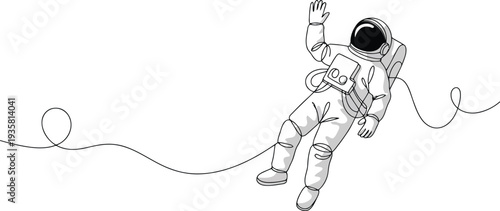 A continuous single line drawing features an astronaut floating in space waving a friendly greeting