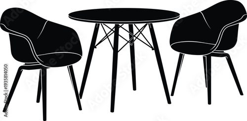 Black silhouette of mid century modern round dining table and two shell armchairs isolated on white background for interior design vector illustration