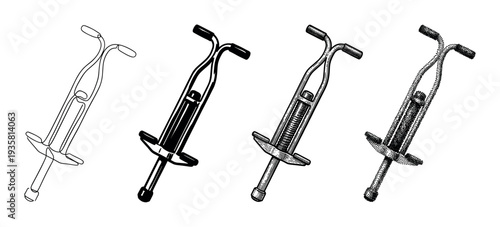 Four pogo stick toy illustrations in different artistic styles including line art, silhouette, engraving, and stippling, showing a classic jumping device from a dynamic perspective