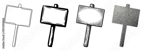 Four blank protest signs on sticks illustrated in a collection of artistic styles including continuous line, bold sketch, classic woodcut engraving, and stippling