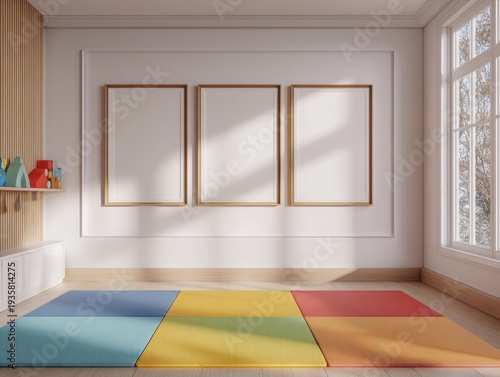 Minimalist room with three empty wooden-framed wall spaces. Colorful textured rug covers the floor in bold blocks. Natural light streams through large window on right