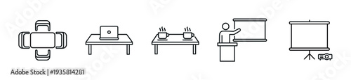 Set of five business meeting line icons showing a boardroom table, laptop, coffee break, speaker, and projector screen in a minimalist black and white vector style