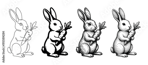 Set of four rabbit illustrations holding a carrot, showcasing different artistic techniques including one-line drawing, stencil, vintage engraving, and stippling for a graphic collection