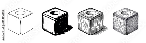Four illustrated black and white cubes with circular indents show different artistic rendering styles, including line art, comic, engraving, and stippling in a graphic set