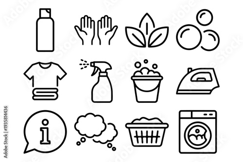 Laundry and Cleaning Icon Set: Detergent, Hands, Leaves, Bubbles, Shirt, Sprayer, Bucket, Iron, Info, Thoughts, Basket, Washer