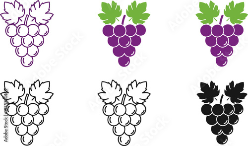 Grapes Icon Set with Outline, Colored and Silhouette Styles Featuring Purple Grape Bunch with Leaves for Food Packaging, Winery Branding and Agriculture Design