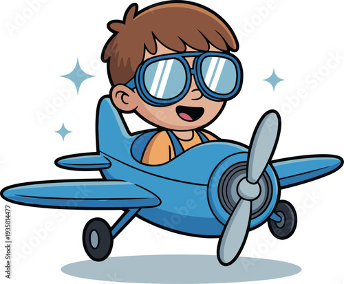 Cute little pilot boy flying airplane cartoon character with goggles smiling kids aviation adventure vector illustration isolated on white background