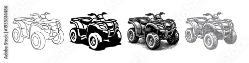 Set of four ATV illustrations presented in various graphic styles including simple line art, a bold silhouette, detailed engraving, and a creative stipple or pointillism effect