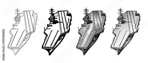 Set of four aircraft carrier illustrations showcasing different graphic styles from simple line art and silhouette to detailed engraving and stippling techniques
