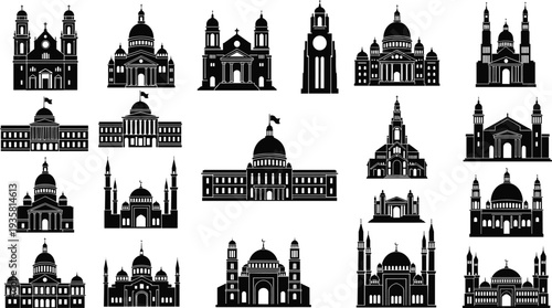 Set of black vector icons featuring city skyscrapers government buildings cathedrals mosques stadium factory trees car and diverse urban architectural silhouettes