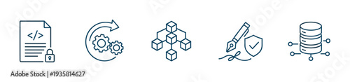 Technology and software development line icons showing secure coding, automation, blockchain network, smart contract, and database management in a minimalist vector illustration set
