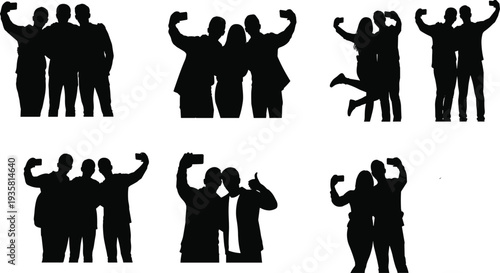 Friends Taking Selfie Silhouette Set of Happy People and Couples Making Smartphone Photos Together Isolated Vector Illustration Collection