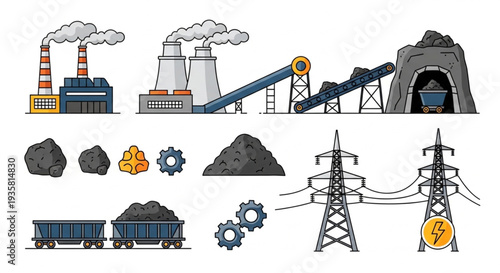 Coal mining industry power generation and transportation elements.