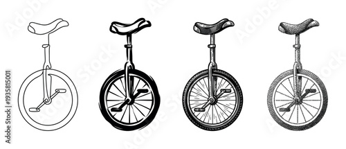 Four black unicycle illustrations in different artistic styles including line art, brush sketch, detailed engraving, and stippling, showing a creative collection of circus transport icons