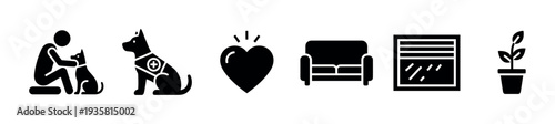 Set of six black glyph icons representing home comfort and pet therapy, including a person with a dog, a service animal, a heart, a sofa, a window, and a small potted plant