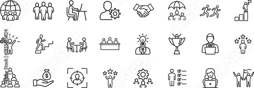 Business and human resources line icon set featuring teamwork leadership career growth recruitment success and office work for management and more vector illustration or editable stroke