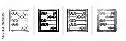Set of four abacus illustrations showing different artistic styles, including continuous line, bold silhouette, detailed engraving, and stippling for a versatile design collection